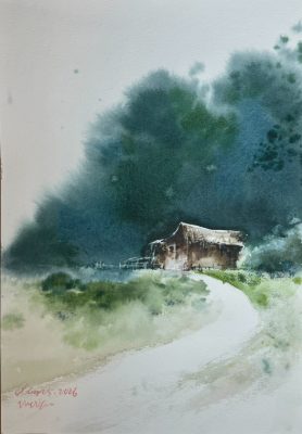 A watercolour of a single cottage beneath a dark mass of trees, a pale road curving away through the foreground.