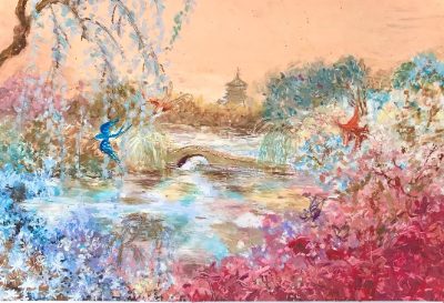 An oil pastel of a park in blossom — a pagoda and a stone bridge under a peach sky, magenta and blue flowers crowding the foreground.