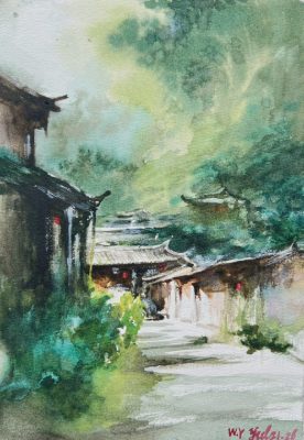 A watercolour of a village lane: tiled roofs stepping down the frame, red lanterns hung along the eaves, dense green foliage above.