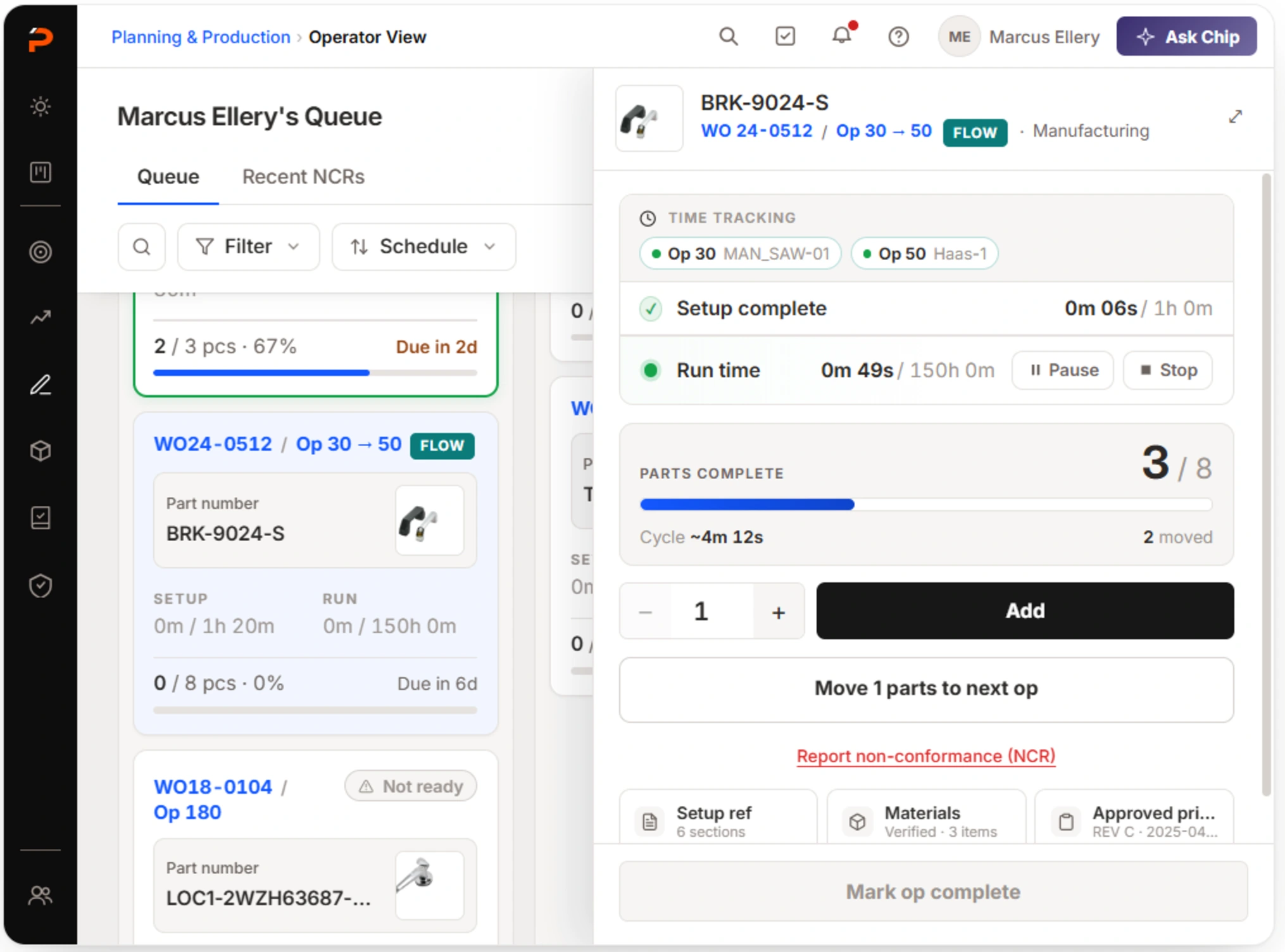 The same flow group running. Time tracking now lists both members side by side as pills — Op 30 on MAN_SAW-01 and Op 50 on Haas-1 — above setup complete at 6 seconds and a run-time clock at 49 seconds with pause and stop. Parts complete reads 3 of 8 on one progress bar, with a cycle time of about 4 minutes 12 seconds and 2 moved. Below it a quantity stepper set to 1 with an Add button, a move 1 parts to next op action, a report non-conformance link, the three reference tiles, and a mark op complete button still greyed.