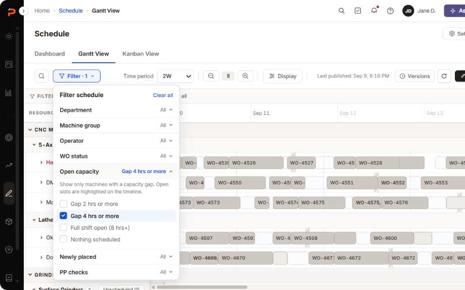 The schedule filter panel open, with an Open capacity group offering Gap 2 hours or more, Gap 4 hours or more, Full shift open, and Nothing scheduled. Gap 4 hours or more is checked, and the panel explains that only machines with a capacity gap are shown and that open slots are highlighted on the timeline.
