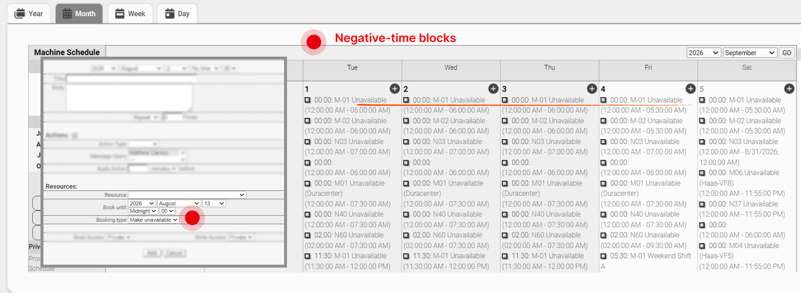 The Machine Schedule month view with a booking dialog open on &ldquo;Booking type: Make unavailable&rdquo;, and every day of the month filled with stacked &ldquo;Unavailable&rdquo; entries for each machine. Annotated: negative-time blocks