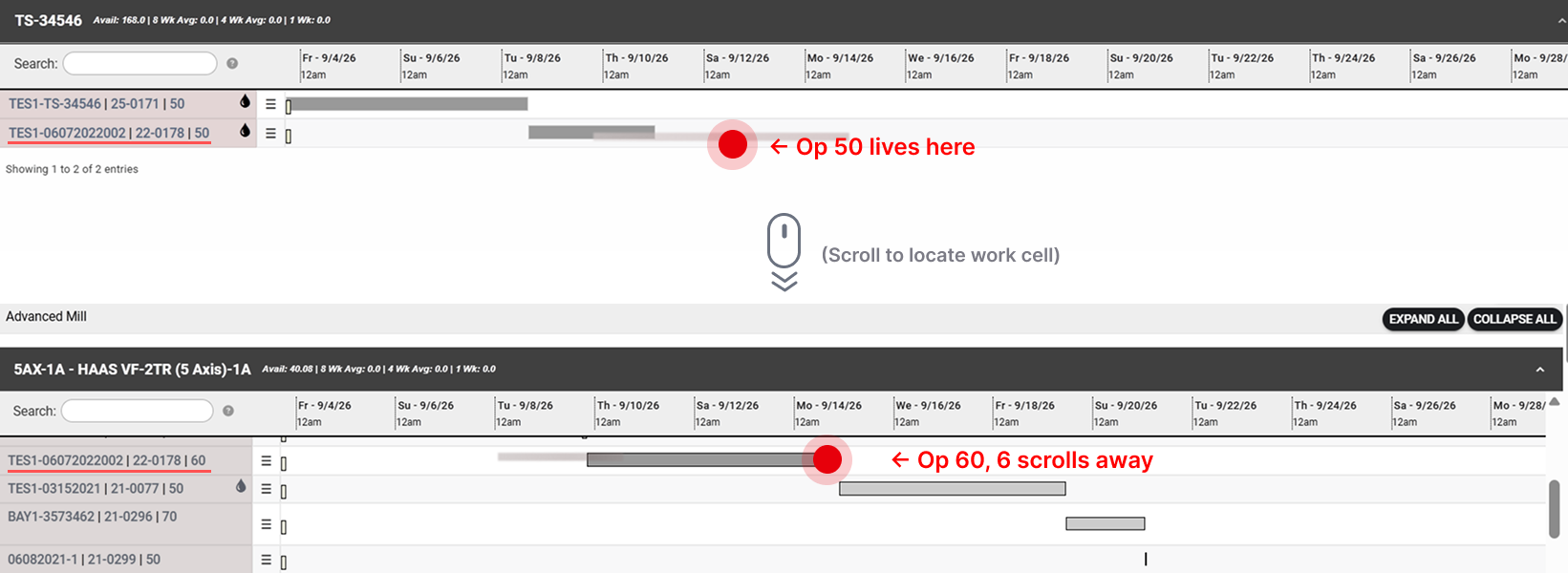 Two schedule panels stacked with a scroll indicator between them: the same work order 22-0178 appears as operation 50 in one work center and operation 60 in another. Annotated: op 50 lives here, op 60 six scrolls away
